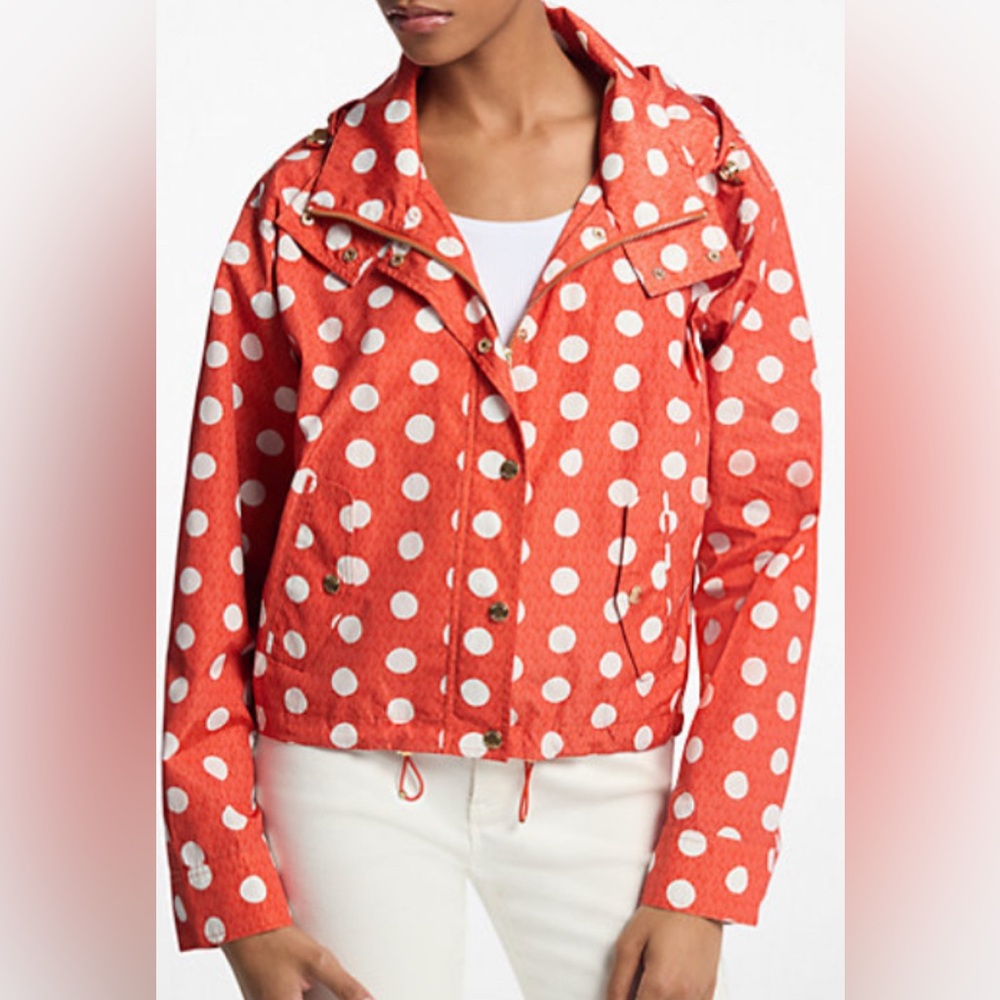 Michael Kors Vibrant Red and White Polka Dot Signature Logo Ciré Jacket - Size S